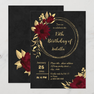 Invitation Chic bordeaux et or noir fête d'anniversaire