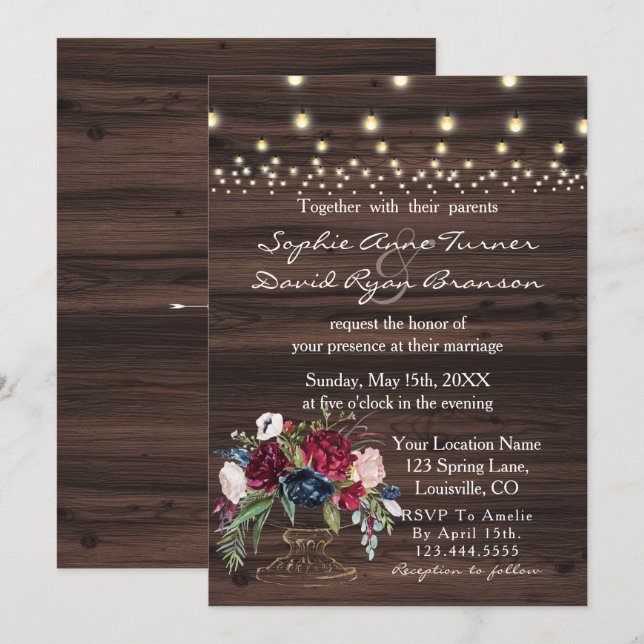 Invitation Chic Bourgogne Fleurs Bleues Vieux Mariage de gran (Devant / Derrière)
