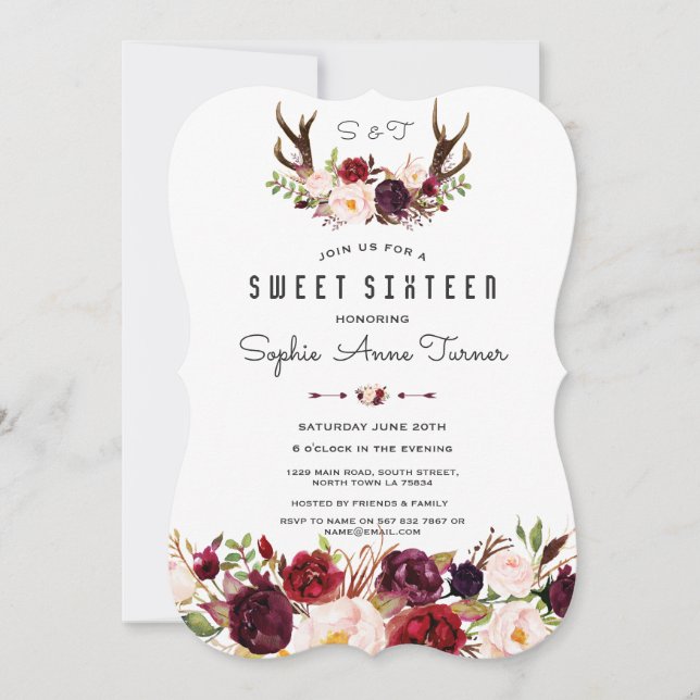 Invitation Chic Bourgogne Floral Antlers écriture manuscrite  (Devant)