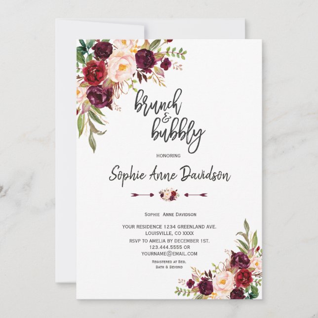Invitation Chic Bourgogne Floral écriture Brunch et Bubbly (Devant)