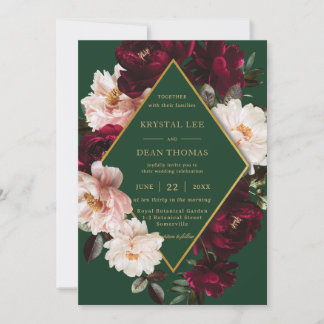 Invitation Chic Bourgogne Floral Fleurs de Pivoine Émeraude M