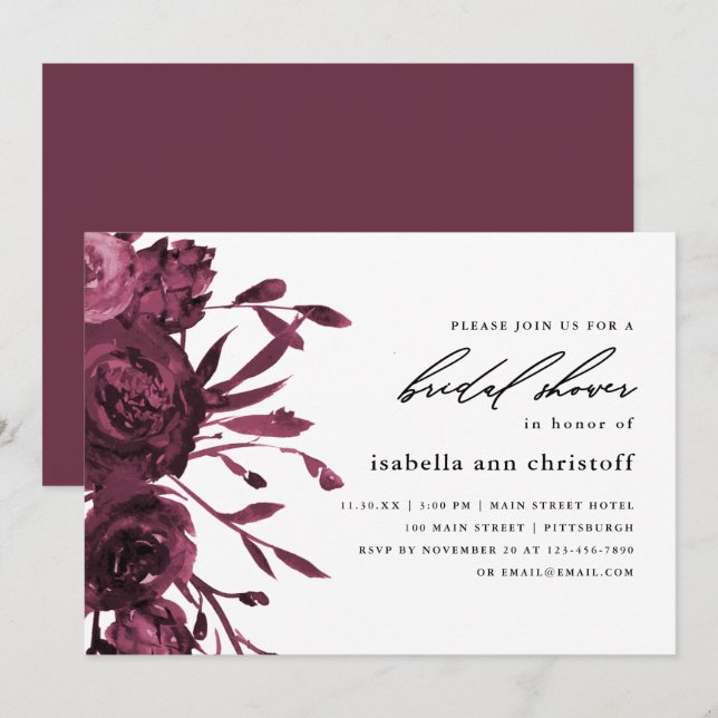 Invitation Chic Bourgogne Floral Mariage Fête des mariées (Devant / Derrière)