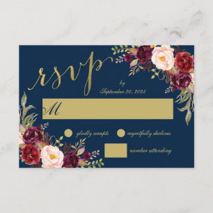 Invitation Chic Bourgogne Floral Navy Blue Gold Wedding RSVP