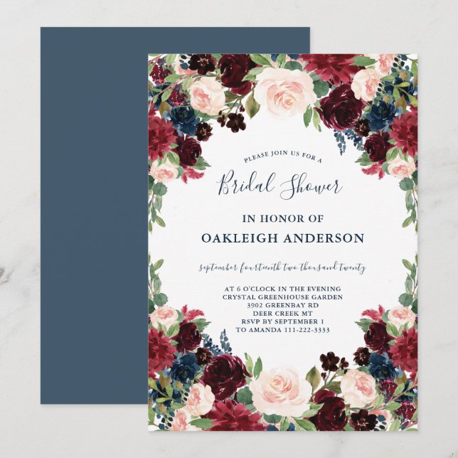 Invitation Chic Bourgogne, marine et Fête des mariées florale (Devant / Derrière)