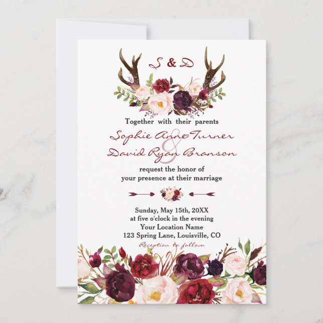 Invitation Chic Bourgogne Marsala Floral Antlers Mariage (Devant)