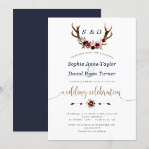 Invitation Chic Bourgogne Marsala Floral Antlers Mariage Or