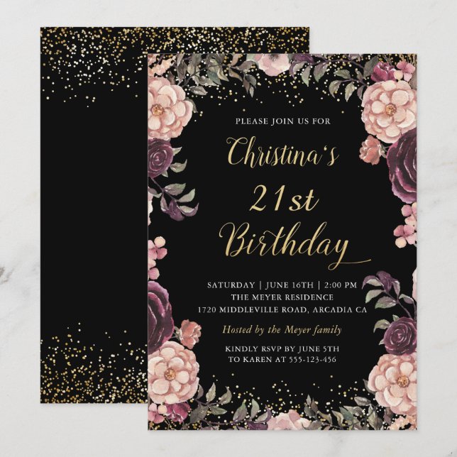 Invitation Chic Bourgogne rose Floral Noir fête d'anniversair (Devant / Derrière)