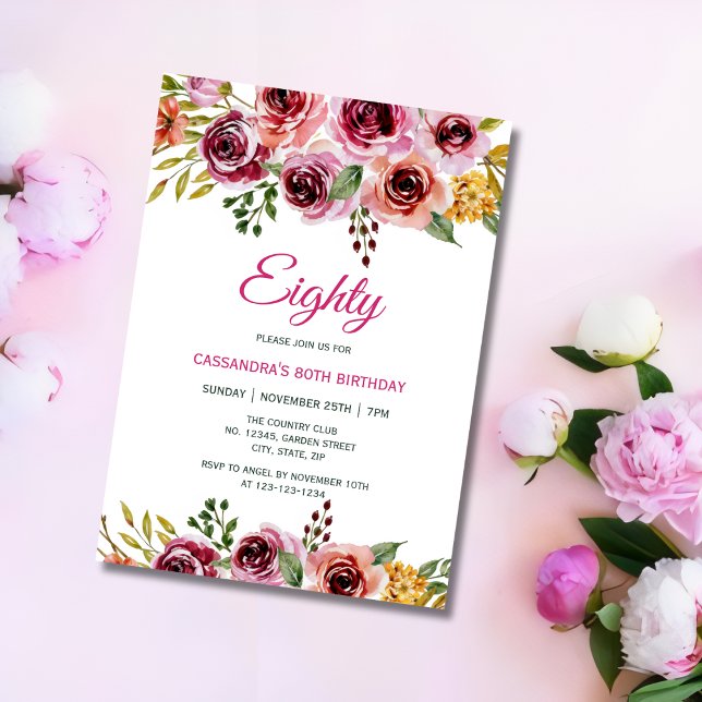 Invitation Chic Bourgogne violet Rose verdure Anniversaire (Créateur téléchargé)