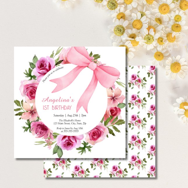 Invitation Chic Bow rose Rose Floral Anniversaire (Créateur téléchargé)