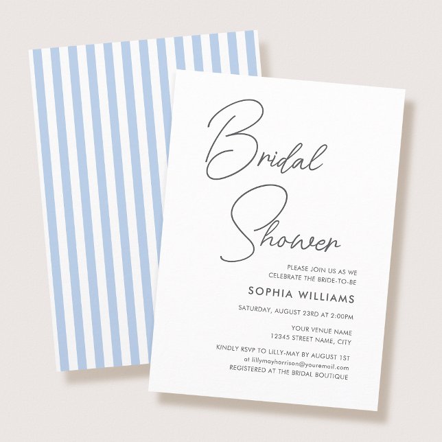 Invitation Chic Bridal Shower Modern Script Blue Stripes (Créateur téléchargé)