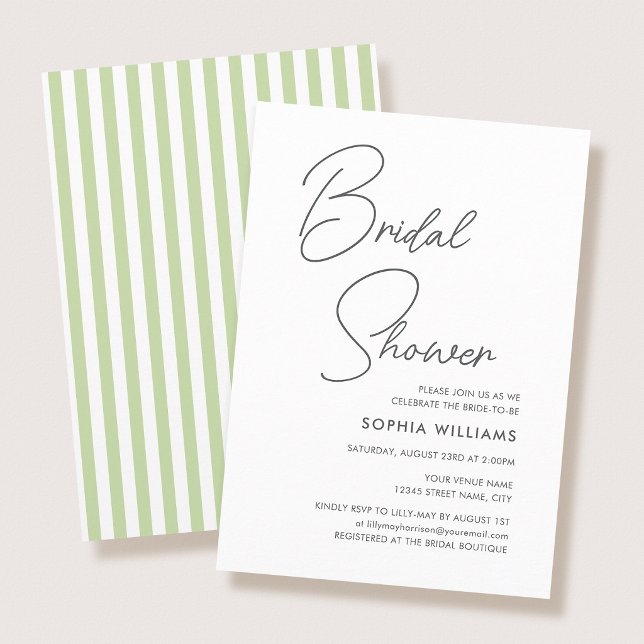 Invitation Chic Bridal Shower Modern Script Green Stripes (Créateur téléchargé)
