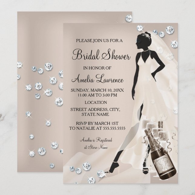 Invitation Chic Bride beige étincelle Fête des mariées diaman (Devant / Derrière)