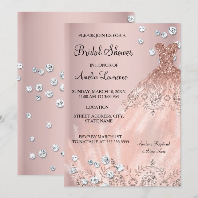 Invitation Chic Bride robe rose rousse Fête des mariées diama (Devant / Derrière)