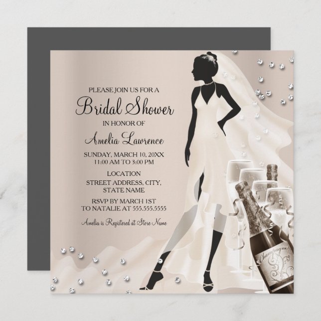 Invitation Chic Bride & Sparkle Diamond Fête des mariées 2 (Devant / Derrière)