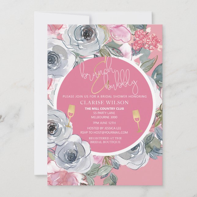 Invitation Chic Brunch & Bubbly Fête des mariées rose et or (Devant)