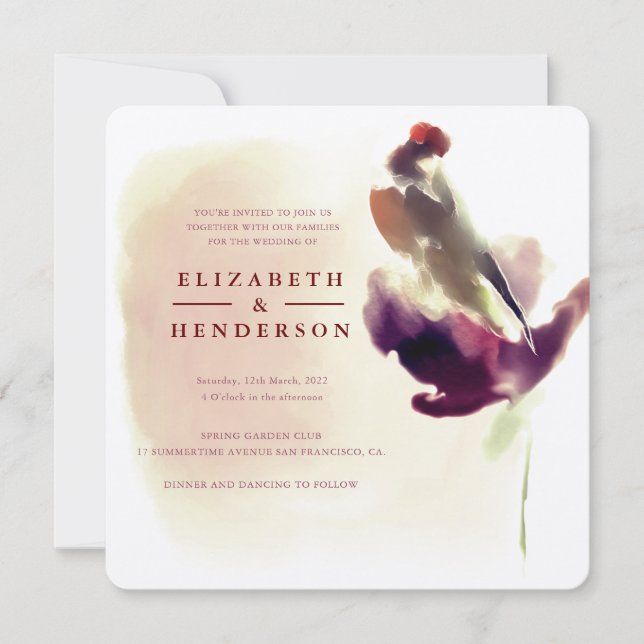 Invitation Chic Burgundy Aquarelle Bird sur Mariage Flower (Devant)