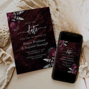 Invitation Chic Burgundy Argent Floral Mariage Save the Date