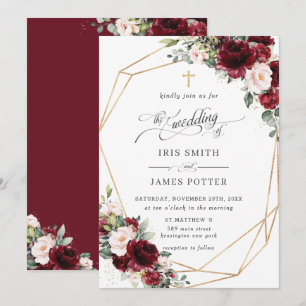 Invitation Chic Burgundy Blush Rose Floral Église Mariage  