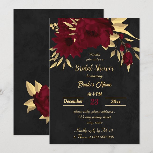 Invitation Chic burgundy et doré noir nuptiale douche (Devant / Derrière)