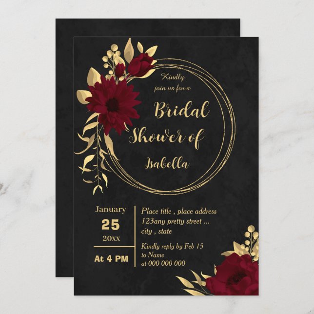 Invitation Chic burgundy et doré noir nuptiale douche (Devant / Derrière)