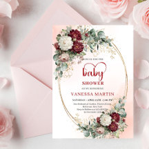 Chic Burgundy Gold Heart-Shaped Font Baby Shower