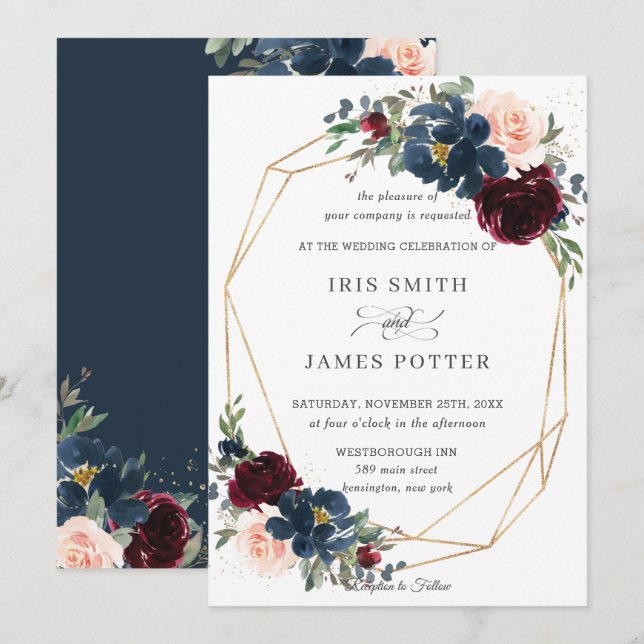 Invitation Chic Burgundy Marine Blush Floral Mariage géométri (Devant / Derrière)