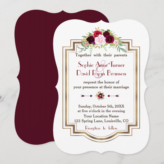 Invitation Chic Burgundy Marsala Floral Mariage de automne or (Devant / Derrière)