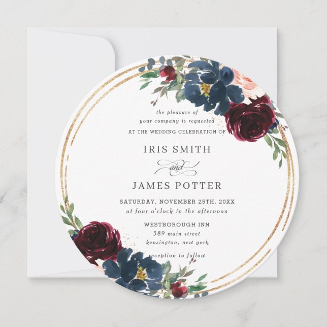 Invitation Chic Burgundy Navy Blue Blush FlorMariage (Devant)