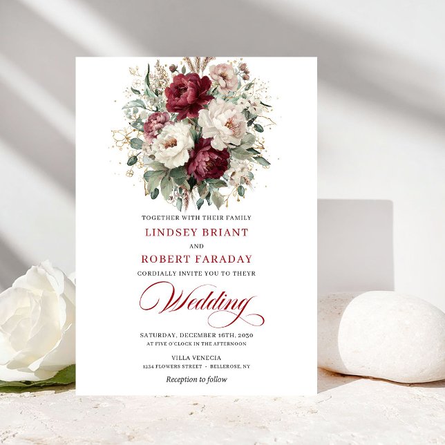 Invitation Chic Burgundy White Floral Eucalyptus Gold Wedding (Chic Burgundy White Floral Eucalyptus Wedding Invite)
