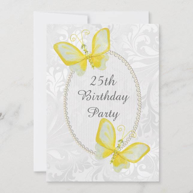 Invitation Chic Butterflies Damask 25e anniversaire Double fa (Devant)