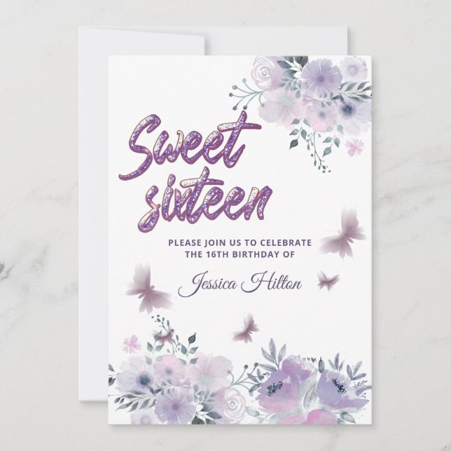 Invitation Chic Butterfly jardin fleuri lilas sweet sixteen (Devant)