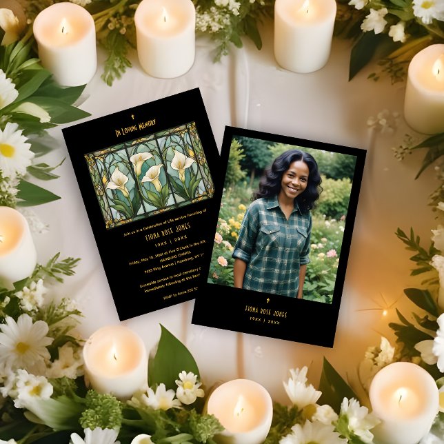 Invitation Chic Callas White Bouquet Stained Glass Photo (Romantic Callas Bouquet in White & Green Shades Stained Glass Effect Photo Funeral Invitations Cards)