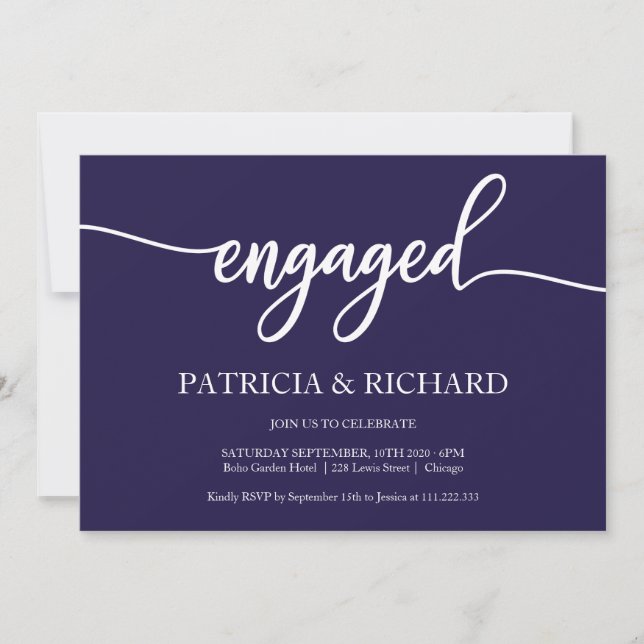 Invitation Chic Calligraphie Marine Blue Engagement Party (Devant)