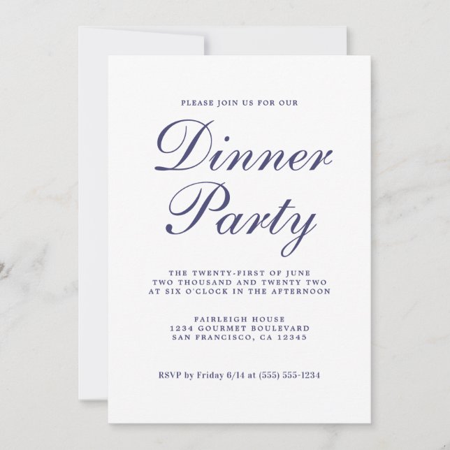 Invitation Chic Calligraphie Marine Blue White Dinner Party (Devant)