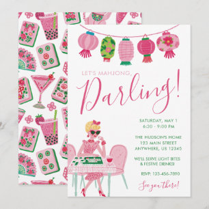 Invitation Chic Capriceux Rose & Vert Soirée Mahjong