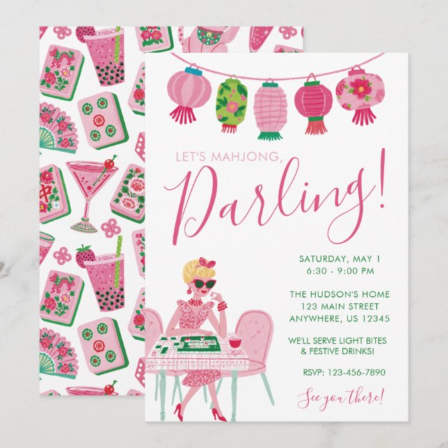 Invitation Chic Capriceux Rose & Vert Soirée Mahjong (Devant / Derrière)