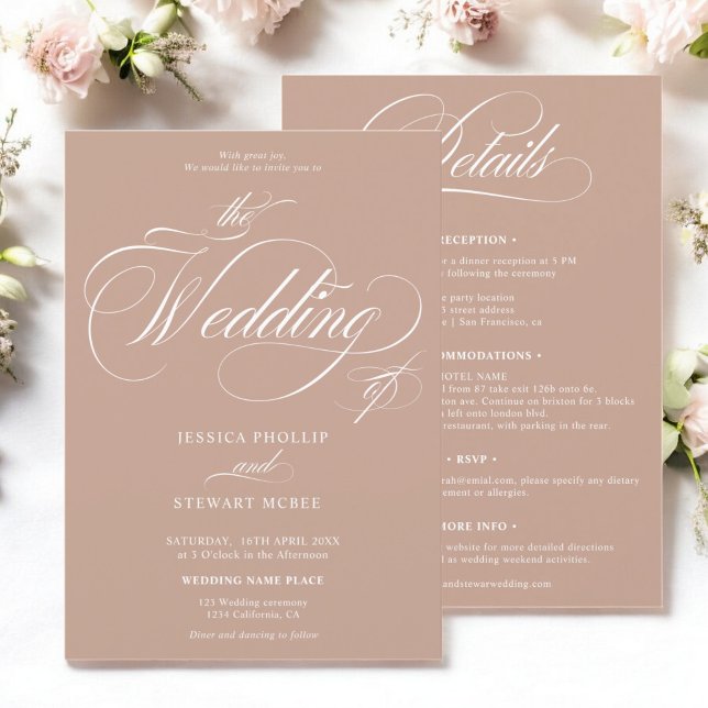 Invitation Chic caramel beige tout en un mariage de calligrap (Chic beige caramel all in one calligraphy wedding invitation)