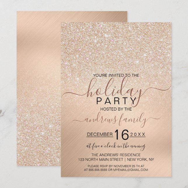 Invitation Chic Champagne Gold Parties scintillant Vacances m (Devant / Derrière)