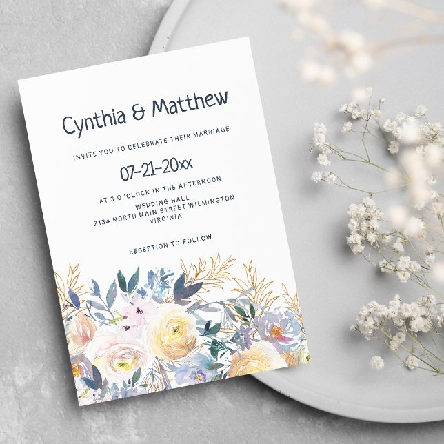 Invitation Chic chic marine ivoire bleu or mariage i (Stylish chic navy blue ivory gold floral wedding)