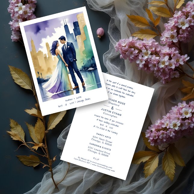 Invitation Chic Chicago Iconic Building Colorful Cityscape (Cute Chicago Iconic Building Colorful Cityscape Wedding Couple Illustration Invitations Cards.)
