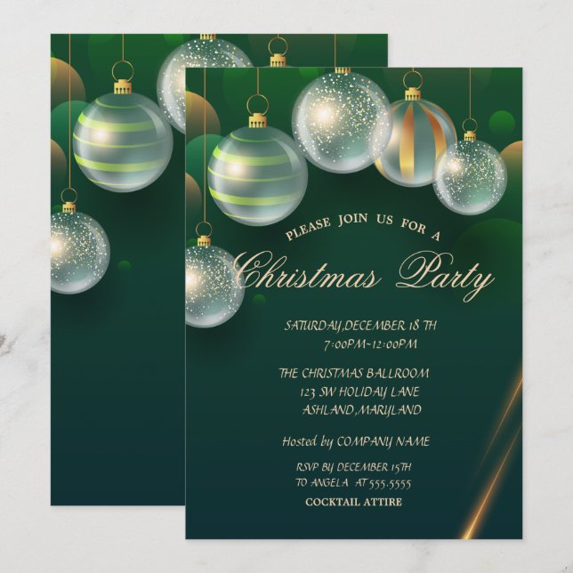 Invitation Chic Christmas Balls Green Christmas Party (Devant / Derrière)