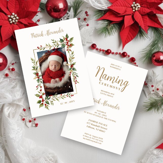 Invitation Chic Christmas Botanical Border Naming Ceremony (Cheerful Christmas Botanical Border with Photo Watercolor Romantic Naming Ceremony Invitation Card.)