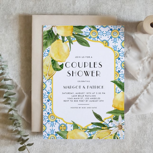 Invitation Chic Citron Méditerranée Couples d'été Douche (Customizable Mediterranean-theme couples shower invitation featuring Moroccan tile and lemon design.)
