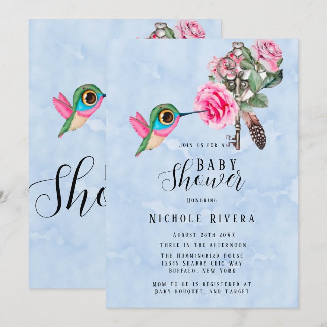 Invitation Chic Colibri Floral Key Baby Boy Douche (Devant / Derrière)