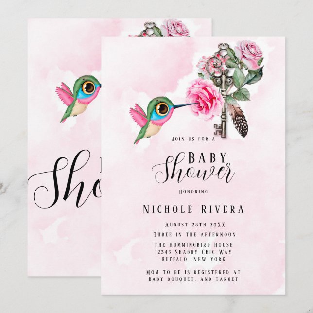 Invitation Chic Colibri Floral Key Baby Girl Douche (Devant / Derrière)