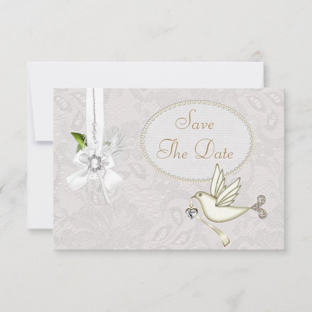 Invitation Chic Colombe Blanche Dentelle Paisley Save The Dat (Devant)