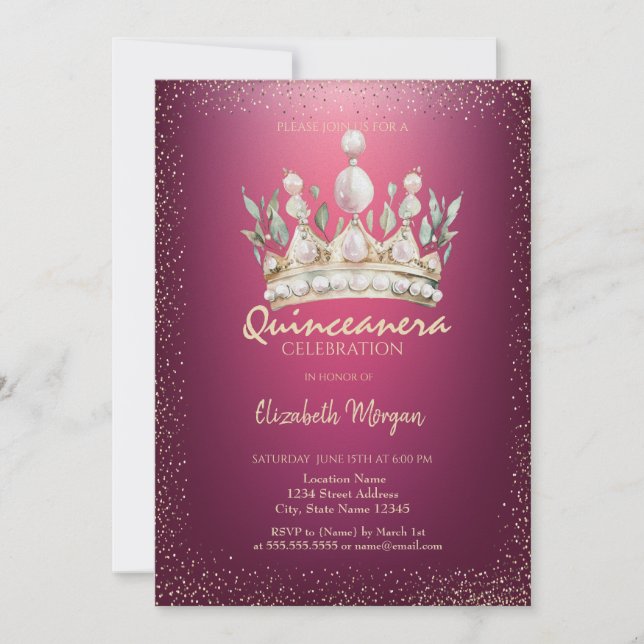 Invitation Chic Confetti Aquarelle Couronne Rouge Quinceañera (Devant)