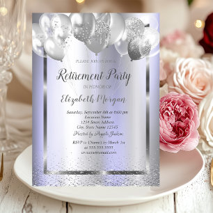 Invitation Chic Confetti Ballons Violet Retraite métallique