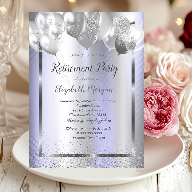 Invitation Chic Confetti Ballons Violet Retraite métallique (Créateur téléchargé)