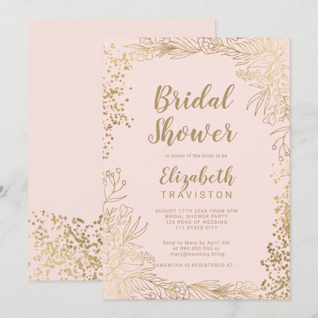 Invitation Chic confetti floral or rose pâle douche nuptiale (Devant / Derrière)